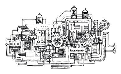 Obraz premium Intricate detailed abstract mechanical diagram of a complex machine featuring gears, pipes, and vacuum tubes, suitable for science, technology, and engineering educational materials or