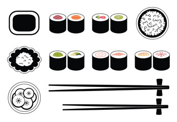 Assortment of Sushi Rolls, Chopsticks, and Garnish Icons © Khalek