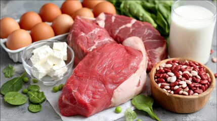 Selection of Fresh Meat Eggs Vegetables and Dairy Products for Healthy Cooking Ingredients
