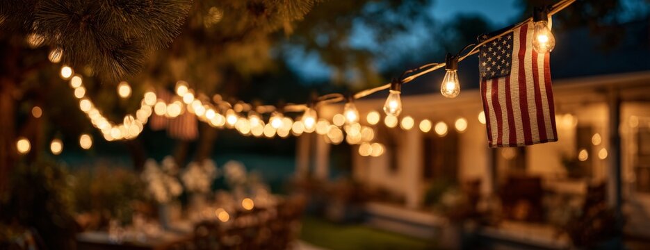 Outdoor evening party with string lights and American flag displayed  