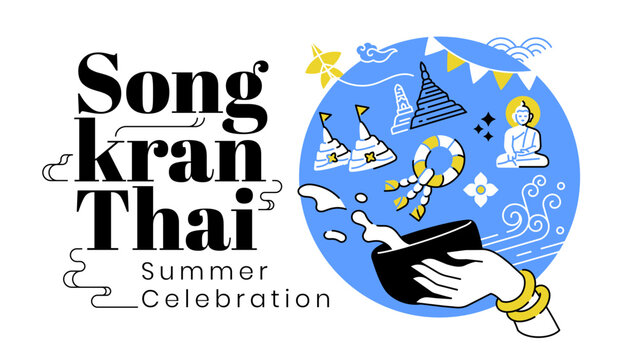 songkran thai summer celebration modern style banner. thailand water splash poster design illustration. hand holding pouring water bucket and thai icon symbol element filled outline