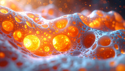 オレンジと青の細胞膜と光る球体の生物学的背景