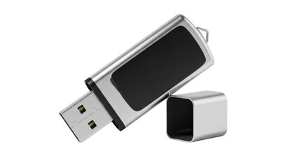 光沢のあるシルバーとブラックのUSBフラッシュドライブがキャップを外した状態で白い背景に分離され、データ保存やテクノロジー関連のプレゼンテーション、ウェブサイトのUI要素に最適です。