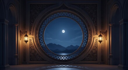 A grand wooden door opens to a breathtaking view of a moonlit lake and mountains