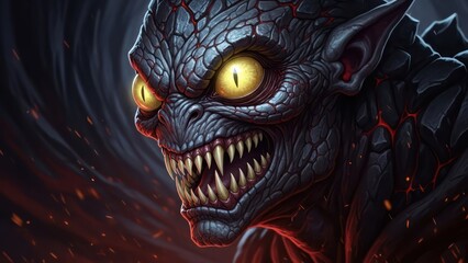 Unveiling the menacing gaze of a scaled creature from a fiery abyss  fantasy illustration