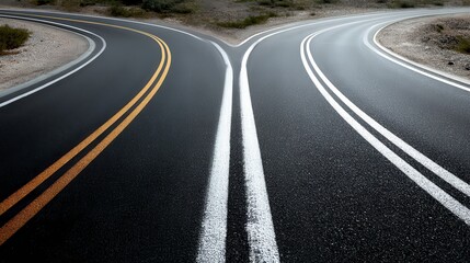 Dramatic Road Intersection with Winding Paths and Scenic Landscaping Under Clear Sky