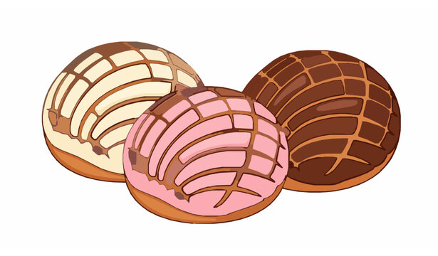 Mexican concha sweet bread illustration set with vanilla strawberry and chocolate flavors
