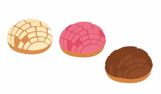 Flat Mexican concha sweet bread illustrations for bakery and food design