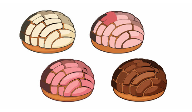 Cartoon Mexican concha sweet breads in vanilla strawberry and chocolate flavors