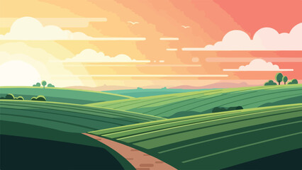Obraz premium Pixelated illustration of a sunlit landscape with rolling green hills