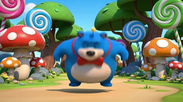 A dancing bear in a red bow tie stands on a path surrounded by colorful candy trees and mushrooms in a fantastical landscape
