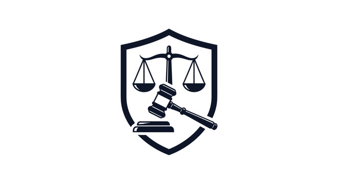 A vector illustration of a justice logo featuring a shield with scales and a gavel, symbolizing fairness and law, against a clean white background.