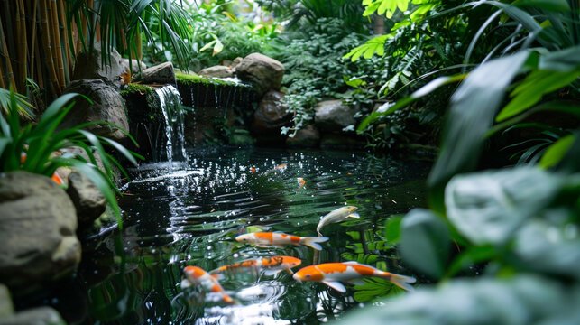 Colorful koi fish swimming in tranquil garden pond with waterfall and lush green foliage