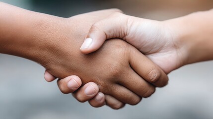 Two Hands Clasped Together Symbolizing Friendship and Unity with Diverse Skin Tones in Soft Lighting