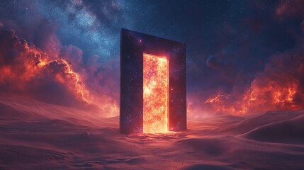 Mystical Desert Portal Illustration with Sand Dunes and Milky Way Galaxy in Night Sky