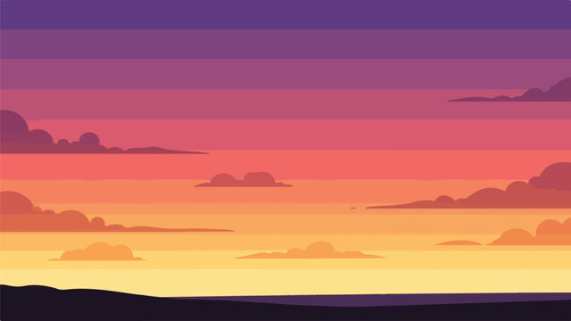 Pixelated illustration of a sunset with clouds above a dark horizon