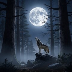 Solitary wild canine howls toward brilliant full moon over dark forest