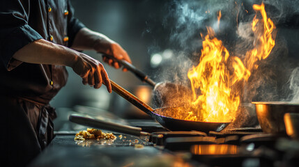 Fototapeta premium Dynamic close-up of chef wok-cooking with intense flames in professional kitchen