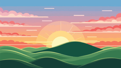 Obraz premium Pixelated landscape of hills, sunset, and clouds in a serene environment