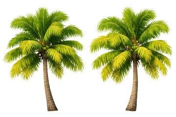 Obraz premium Two isolated tropical palm trees with green fronds and brown trunks standing on a transparent background