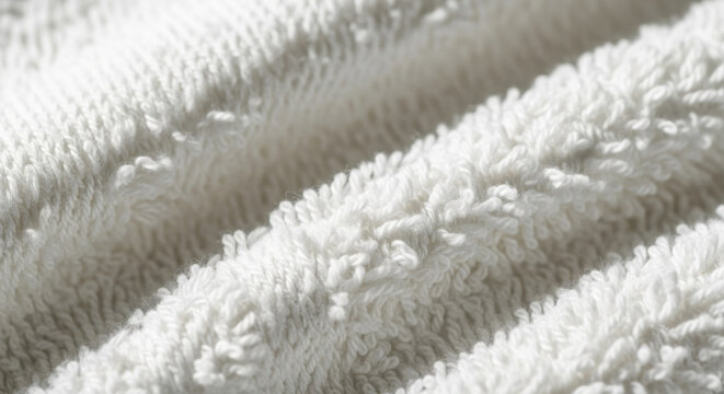 白いコットンタオルのパイル生地を斜めに切り取ったクローズアップ写真、柔らかな自然光で陰影が出るマットな繊維テクスチャと清潔感のある背景、室内スタジオの最小構成