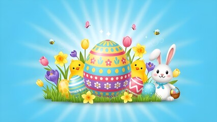 Obraz premium Easter celebration with bunny eggs and spring flowers