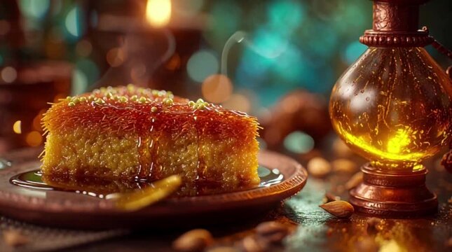 kunefe with syrup on a wooden table