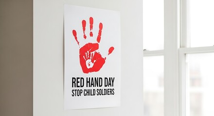 Red hand day poster promoting awareness against child soldiers with a handprint design.