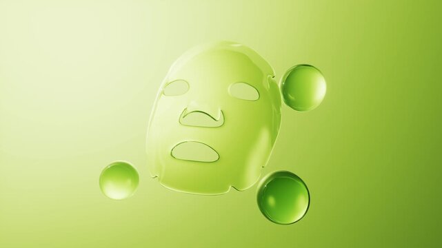 A refreshing green facial mask with three floating serum bubbles for a skincare routine, motion footage
