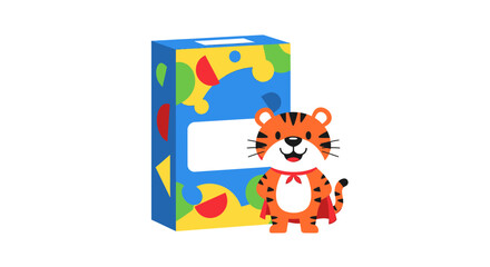 Fototapeta premium A cartoon tiger stands beside a colorful box with a window on a plain background