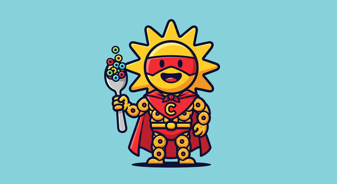 Vibrant cartoon sun character wearing red outfit and sunglasses, holding a flower-shaped item in a bright environment from a front viewpoint