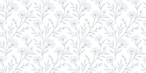 Seamless blue floral pattern with delicate leaves on a light background. Elegant botanical wallpaper design for textiles, stationery, and interior . Soft vintage style repeating nature ornament. 