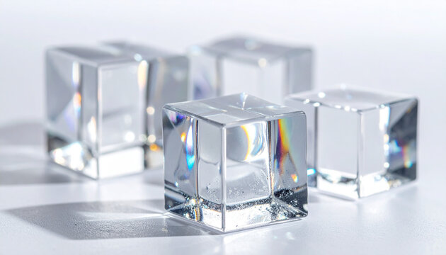 虹色の光が閉じ込められた透明キューブの静物