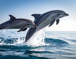 Two dolphins leaping out of the ocean, sunlight reflecting off their sleek bodies