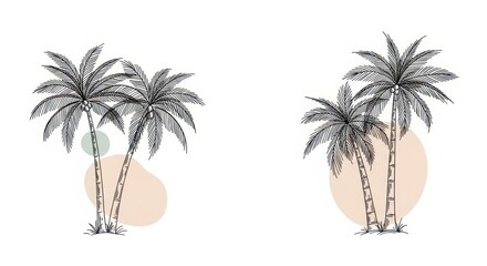 Obraz premium Hand-drawn Palm Trees with Abstract Pastel Shapes - Tropical Line Art Illustration