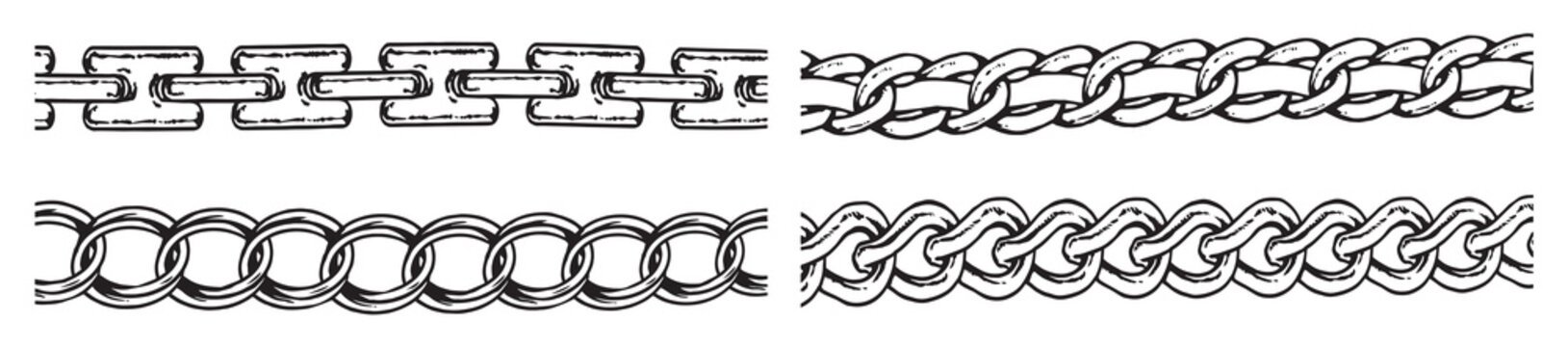 Set of black isolated silhouette of chains on white background. Set of black and white vector chain link patterns and seamless brush strokes in various sizes for borders, vector illustration.