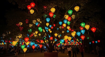 Vibrant lanterns illuminate the night sky during a festive celebration.