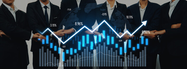 A professional business team stands confidently while showcasing a dynamic graph representing financial growth and collaboration in a modern office environment. Scalp © InfiniteFlow