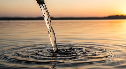A stream of water gently cascades into a serene lake at sunset