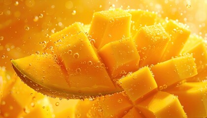 Cubed ripe mango submerged in bubbling liquid, vibrant and fresh