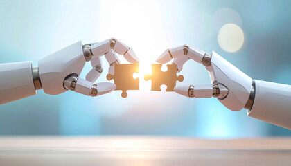 光の中でパズルを合わせるロボットハンド