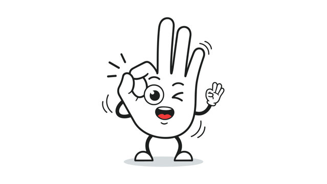 Funny cartoon character shaped like a white hand giving an okay sign with a winking face and playful limbs on a clean white background.