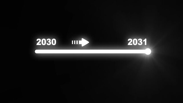 Futuristic progress bar indicating the transition from the year 2030 to 2031 with a glowing white slider and arrow against a dark background
