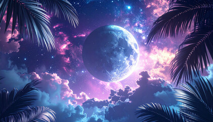 ヤシの葉と青紫の星雲に浮かぶ月の幻想的な宇宙空間