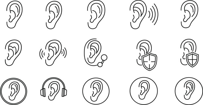 Ear and hearing icon set with sound waves protection symbols listening concepts isolated line vector illustration