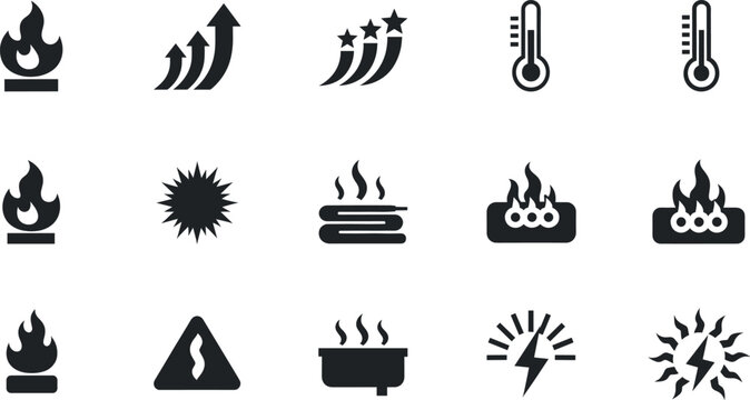Fire and heat icon set with flames temperature symbols warning signs and energy elements isolated vector illustration
