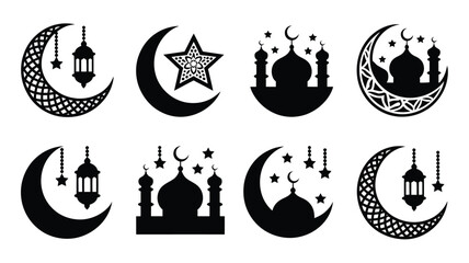 Ramadan kareem islamic symbols set crescent moon mosque lantern star icons for holy month of ramadan © Newton