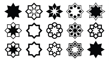 Collection of 15 black and white geometric starburst shapes islamic inspired designs vector graphics decorative elements abstract patterns and symmetrical icons on a plain white