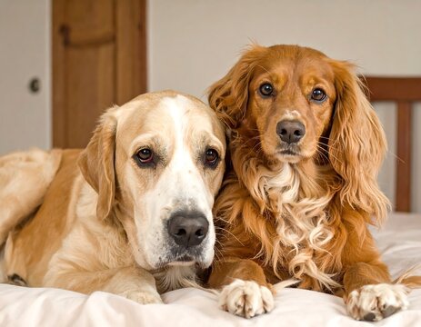 Two friendly dogs, a golden lab mix and a cocker spaniel, resting