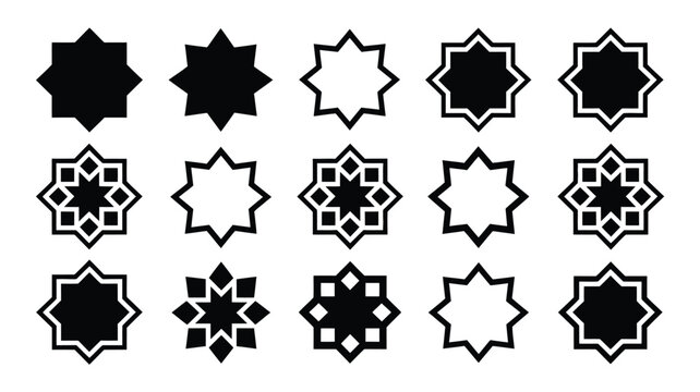 Set of 16 black and white star shaped islamic geometric patterns on white background for design and decoration
